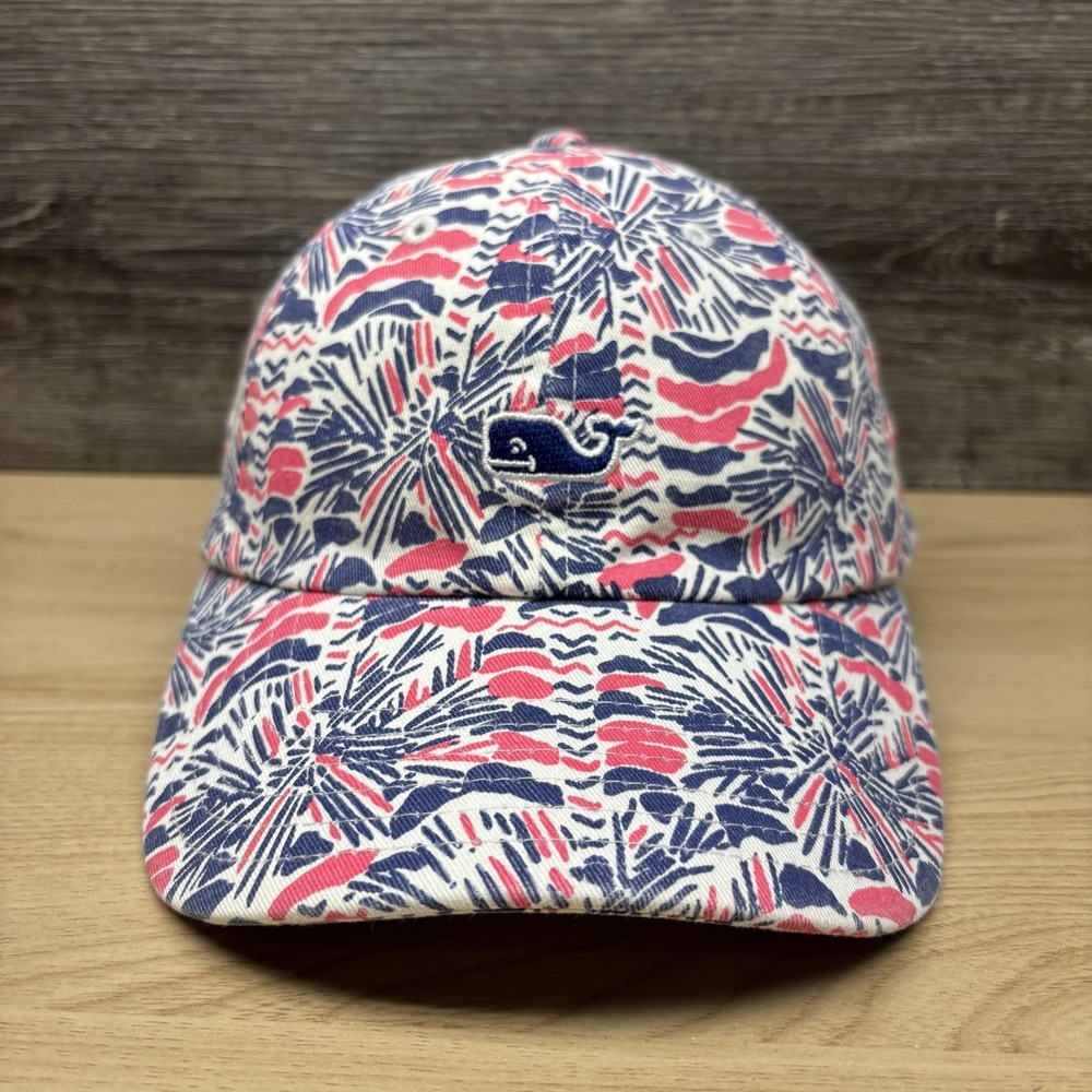 Vineyard Vines Hat Cap Strap Back Pink Blue Tropical Print Whale Beach Mens